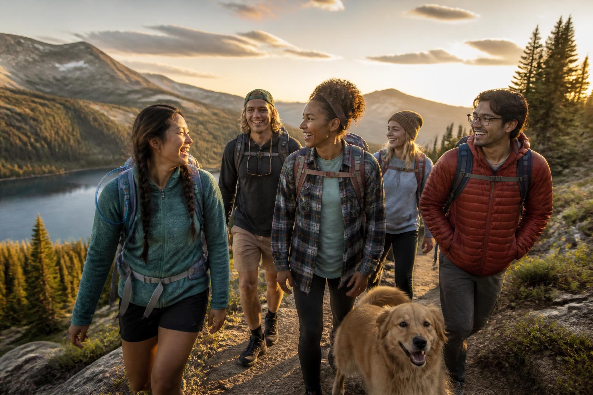 A group of friends hiking together above a Colorado mountain lake at sunset