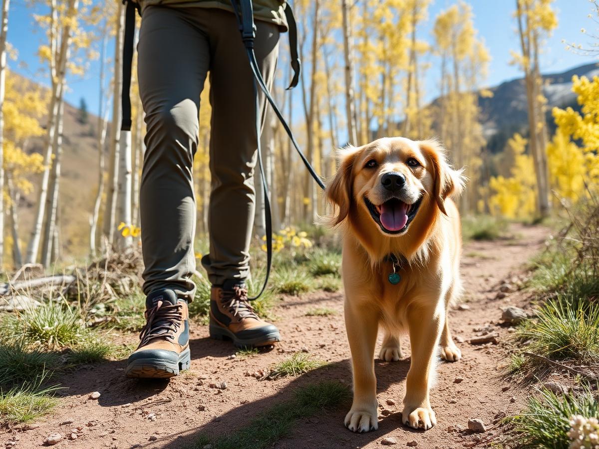 A dog hiking a Colorado trail among golden aspens